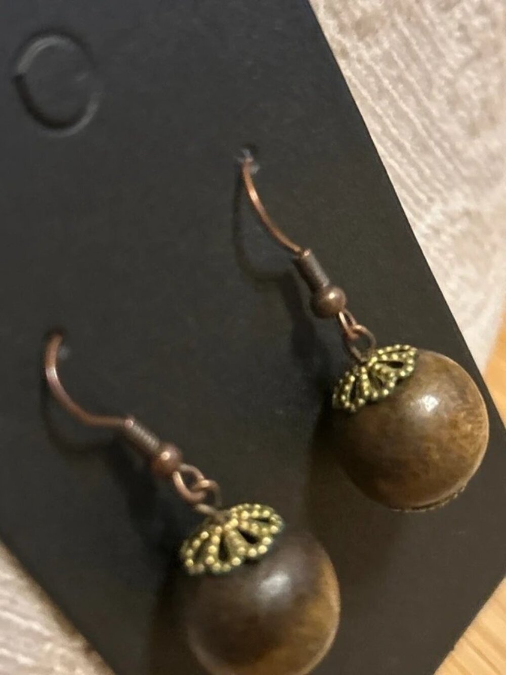 Wood bead dangle brown earrings